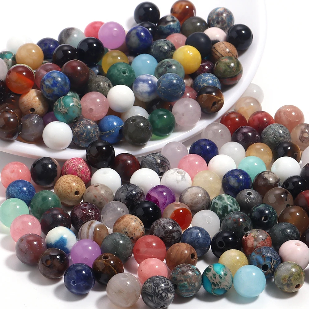 50–100 Stück 4 6 8 mm Naturstein, zufällige Farbe, runde Perlen mit Löchern, lose Achat-Kristallperlen für Schmuckherstellung, DIY-Zubehör Image