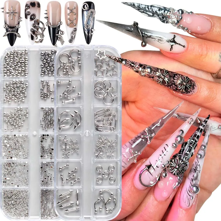 12 Gitter Punk Silbrig Gothic Punk Nagel Charms Ohrstecker Metallnieten Legierung Piercing Grunge DIY Nail Art Dekoration Y2K Nagelzubehör Image