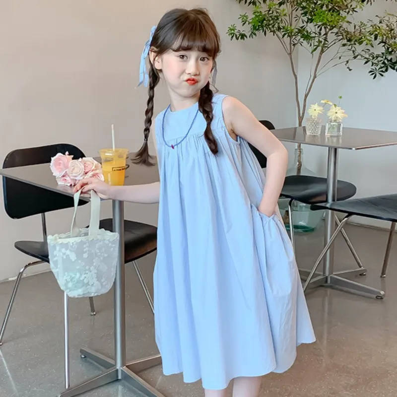 Sommerkleid für Mädchen, ärmellos, einfarbig, mit großen Seitentaschen, blau, gerafftes Kleid für 2-10 Jahre, lässiges Kleid mit rundem Kragen für Mädchen
