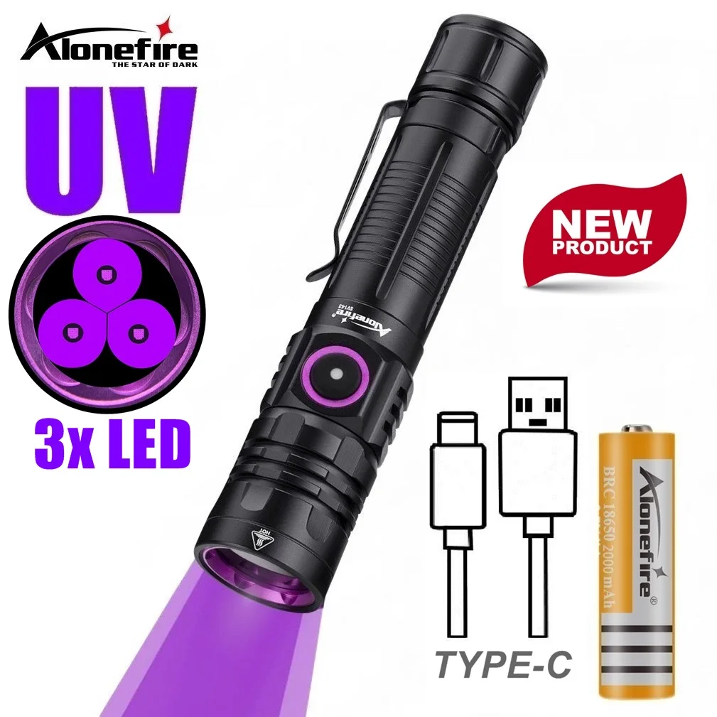 3x365nm/395nm UV LED Taschenlampe Hochleistungs-Schwarzlicht USB wiederaufladbar CatDog Pet Stain Tinea UV-Kleber Aushärtung Skorpion Lampe Taschenlampe Image