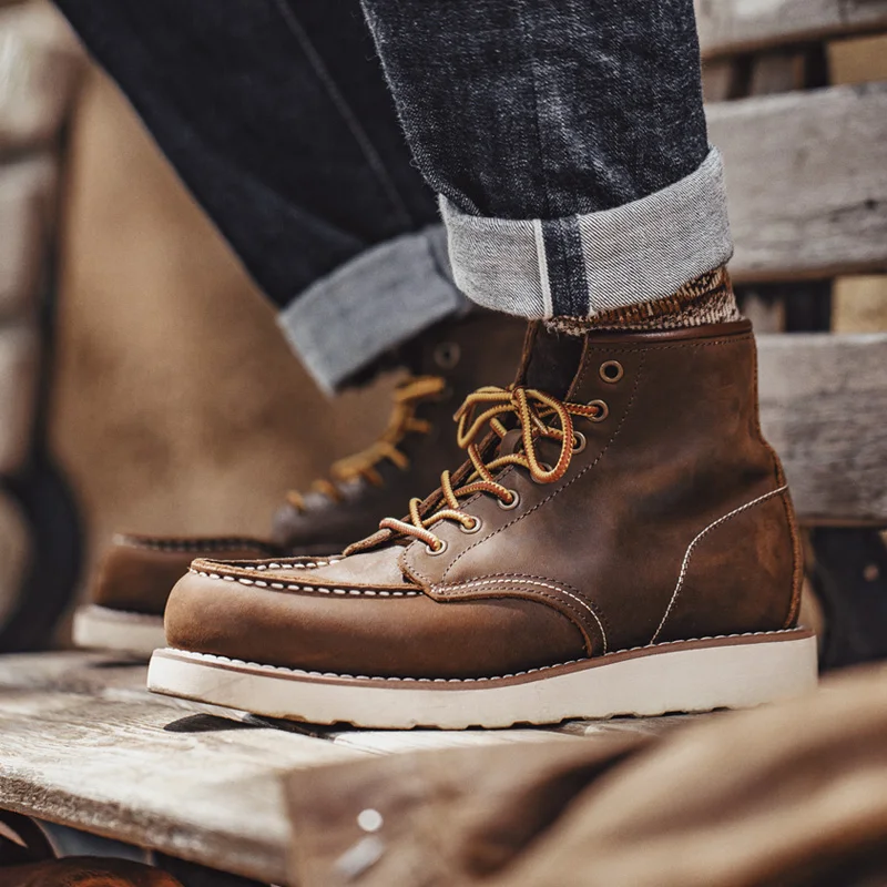 Maden Vintage 875 Stiefeletten aus echtem Crazy Horse-Leder mit runder Spitze, langlebige High-Top-Schnürstiefel für Winter- und Herbst-Arbeitsschuhe