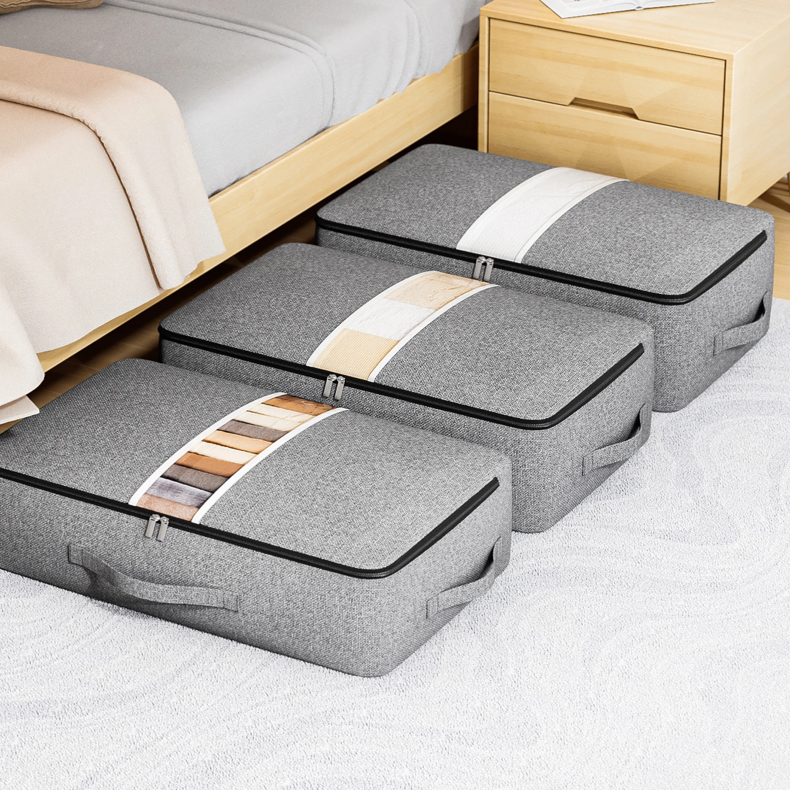 1 x große Aufbewahrungstasche mit Bettboden, Kleidungsorganisator, Reißverschluss, faltbarer Organizer, Schlafzimmerregal, Kleiderschrank, grau