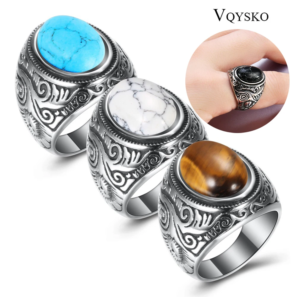 Großhandel Retro Schmuck türkis Stein Ringe Für Männer Titan Stahl Intarsien Drei Farben Onyx Ring Männer Dominierenden Opal Ring Image