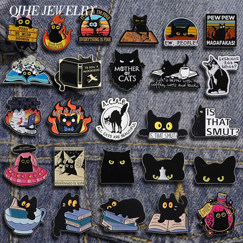 31 Arten Cartoon Punk Schwarze Peeping Cat Brosche Emaille Pins Niedliche Katze Lesebuch Broschen Tasche Revers Abzeichen Schmuck Geschenke Freunde