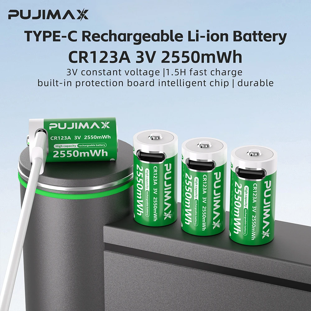 PUJIMAX CR123A-Batterien mit USB-C-Schnellladekabel – 2550 mWh Li-Ionen-Polymerzellen mit hoher Kapazität für Taschenlampen und Kameras Image