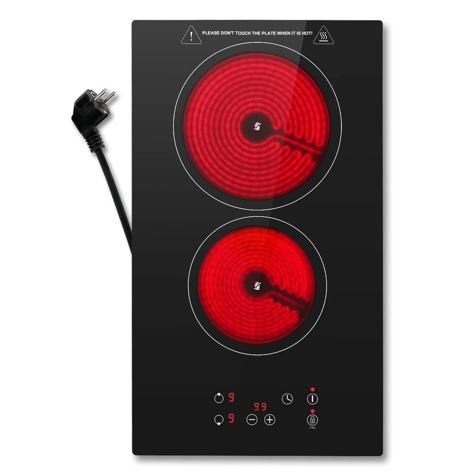 Glaskeramik-Kochfeld, 2 Platten, Elektrokochfeld, 30 cm Kochfeld, 2 Platten mit Stecker, Touch-Steuerung, 3000 W, mit 9 Leistungsstufen, 1–99 Minuten Timer Image