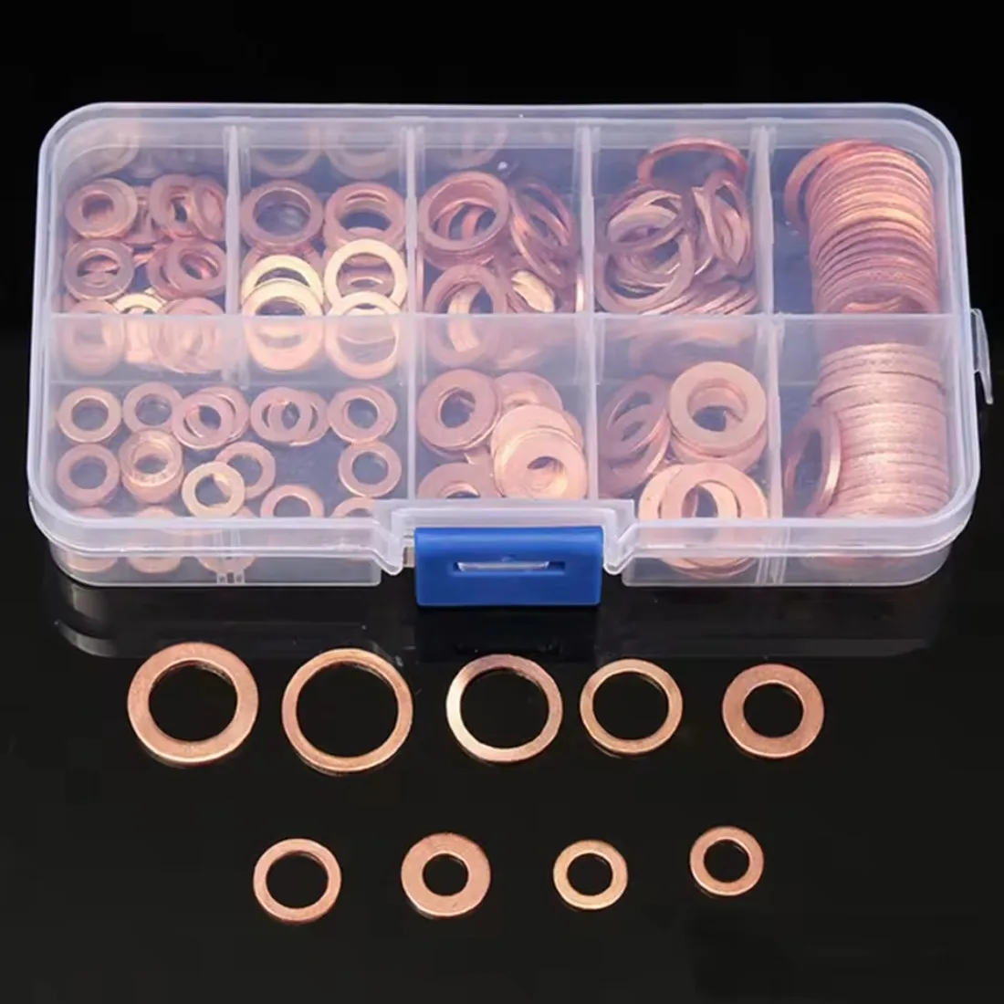 100-teiliges Kupfer-Unterlegscheiben-Dichtungs-Set mit Flachringdichtungen und Schrauben im Sortiment mit Box M4/M5/M6/M8/M10/M12/M14 für Ölwannenstopfen Image