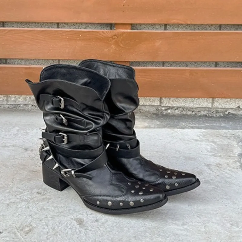 Nietenbesetzte Einzelstiefel mit Metallschnalle und Blockabsatz, Herbst, neue spitze Zehenpartie, rutschfest, verschleißfest, kurzer Oberschenkel Image