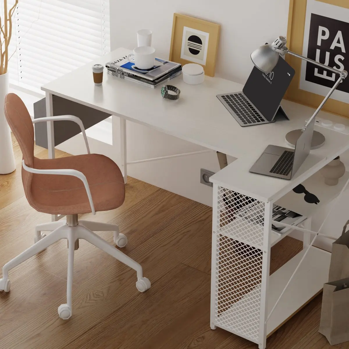 Gaming-Schreibtisch, 100/120 x 70 cm Eck-Schreibtisch mit Ablageflächen und Seitentasche, platzsparender L-förmiger Schreibtisch für die Home-Office-Ecke