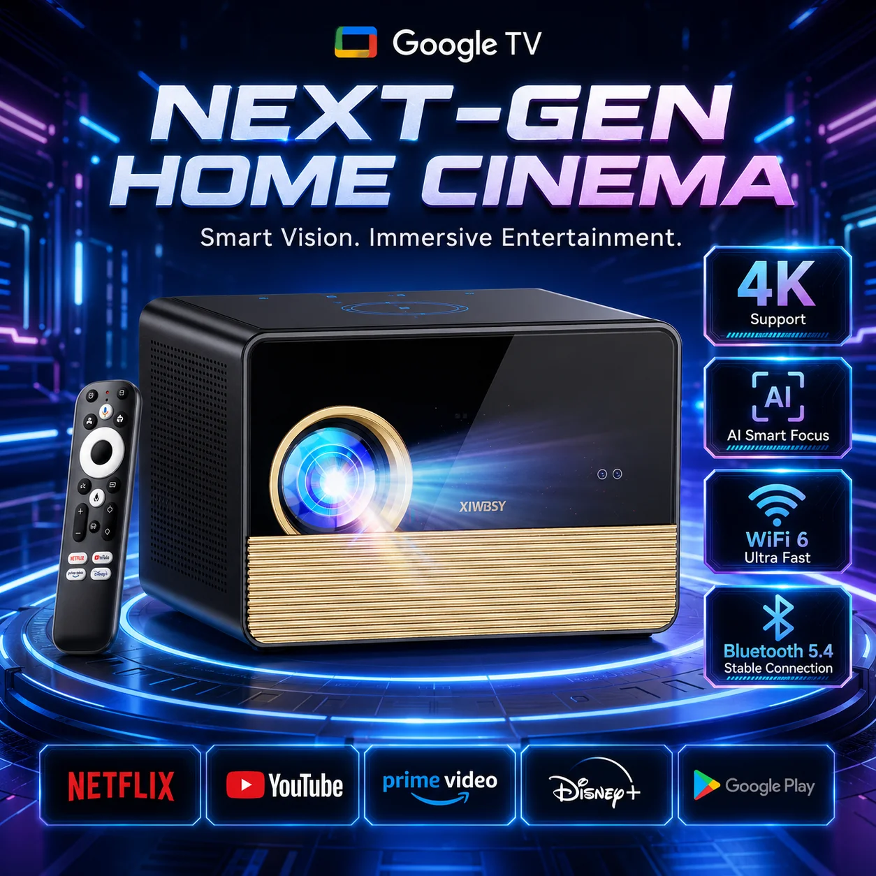XIWBSY X06 Offizieller Google TV Projektor 3600 ANSI 4K HDR UHD Videoprojektor Android 14 Tagfahr-Filmbeamer TOF Autofokus Heimkino