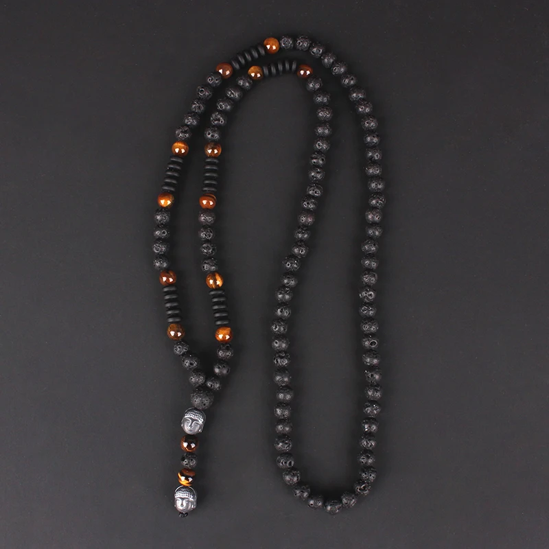 6 mm Lavastein-Halskette mit Tigerauge-Perlen für Männer und Frauen mit Buddha-Kopf-Anhänger Image