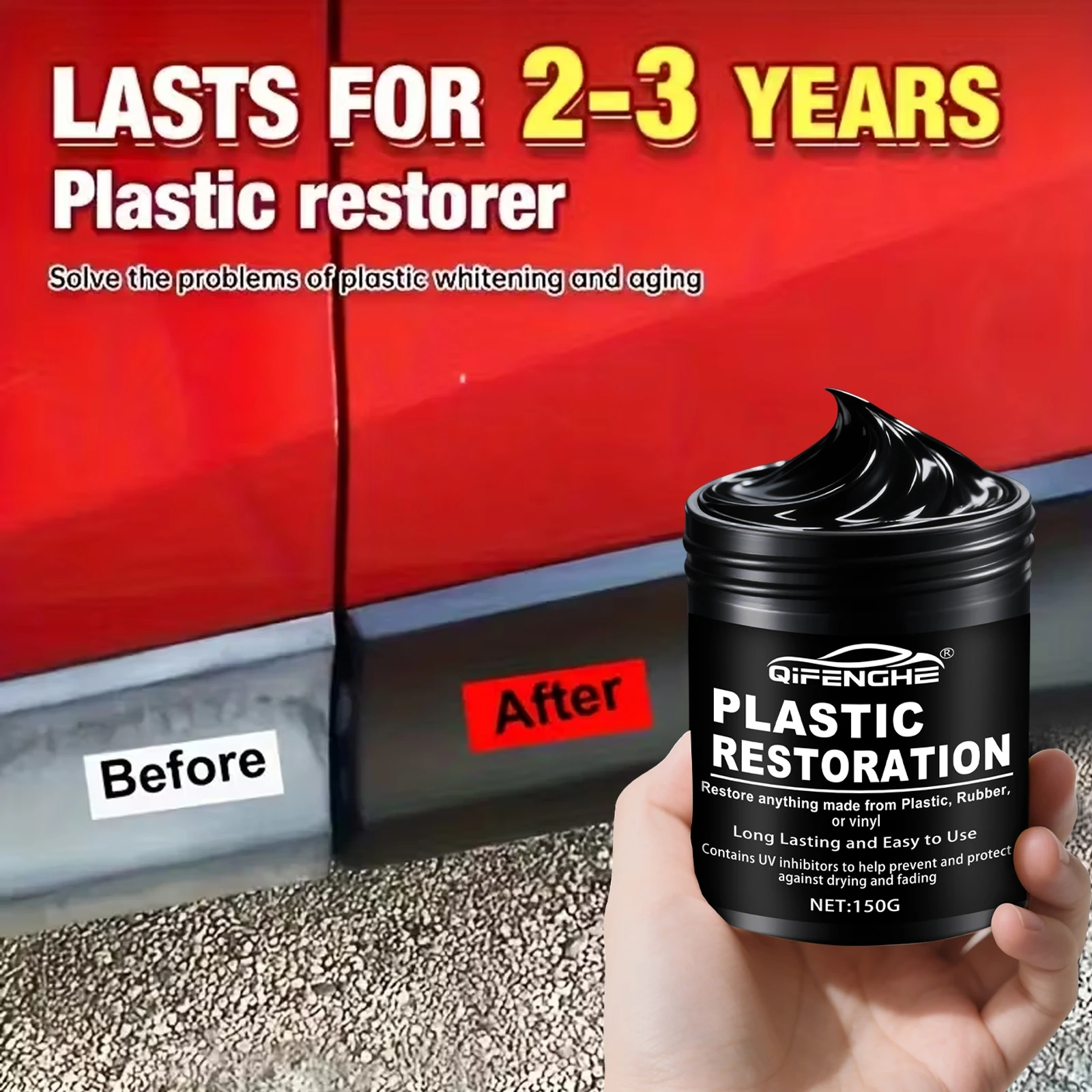 Auto-Kunststoff-Restaurator-Polierpaste 150 g – Reifen-, Innen- und Stoßstangenglanz und Schutz, langanhaltender Glanz, Kfz-Kunststoffpflege Image