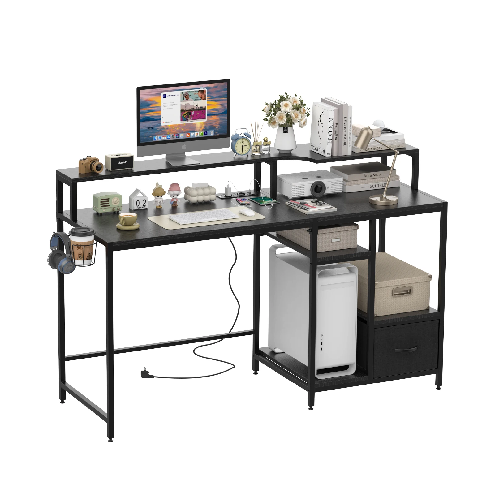 Computertisch, Bürotisch mit langem Monitorständer und 2 Ablagen zur Aufbewahrung, platzsparendes Design für Büros und Home-Offices
