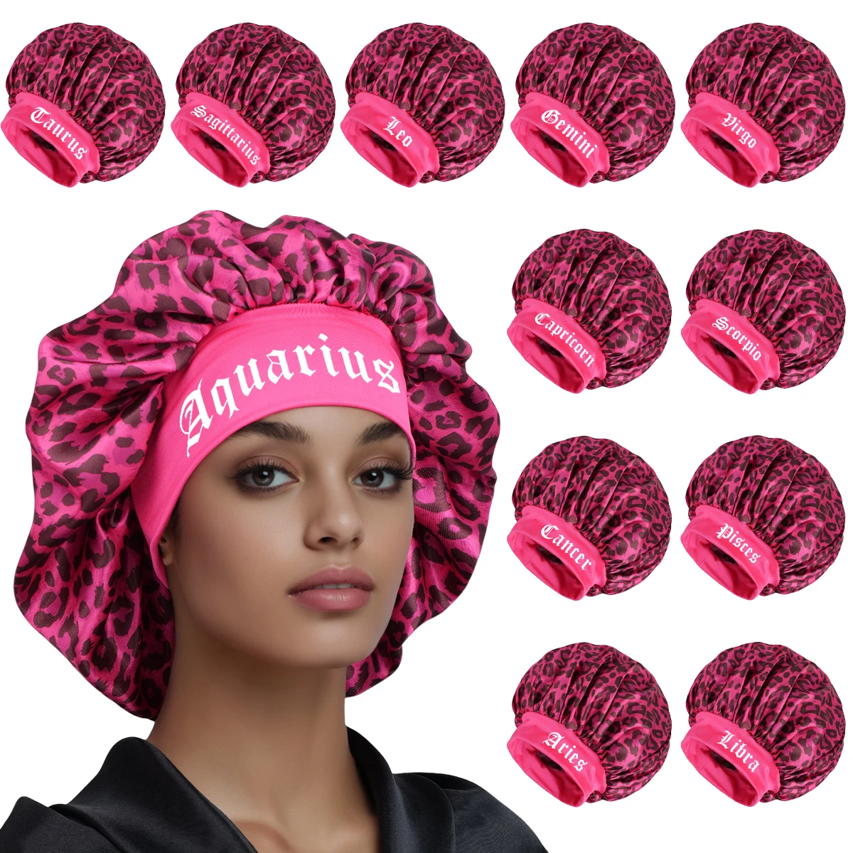 Sternbild-Schlafhaube aus Satin mit Leopardenmuster – verstellbarer Haar- und Hautschutz | Nachthaube für Hautpflege und Haarpflege für Damen Image
