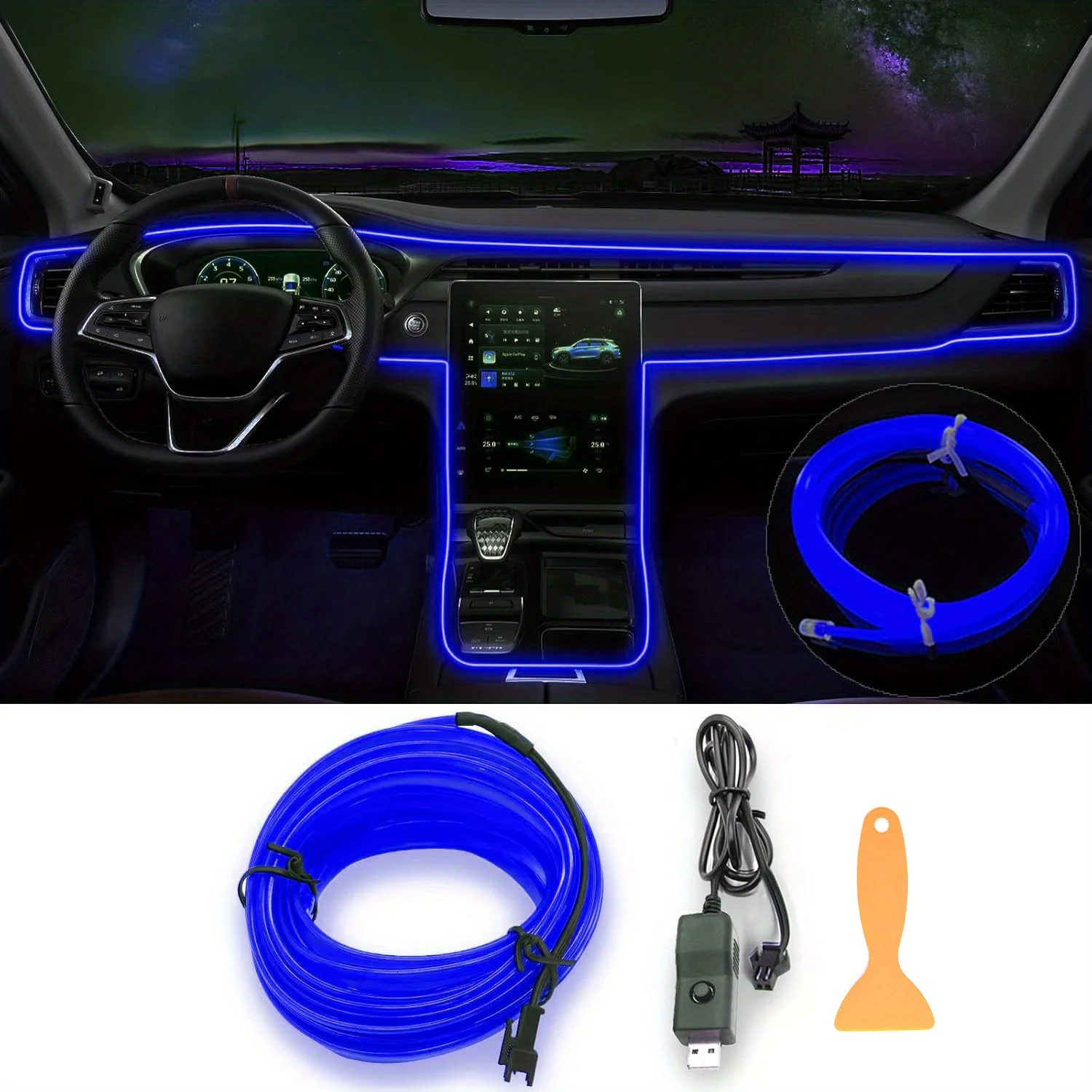 Neue Innen-Auto-LED-Streifenlichter, 196,85 Zoll USB-Neon-Umgebungsbeleuchtungs-Kits mit Schalter für die Innendekorationen im Auto, kein Lärm Image