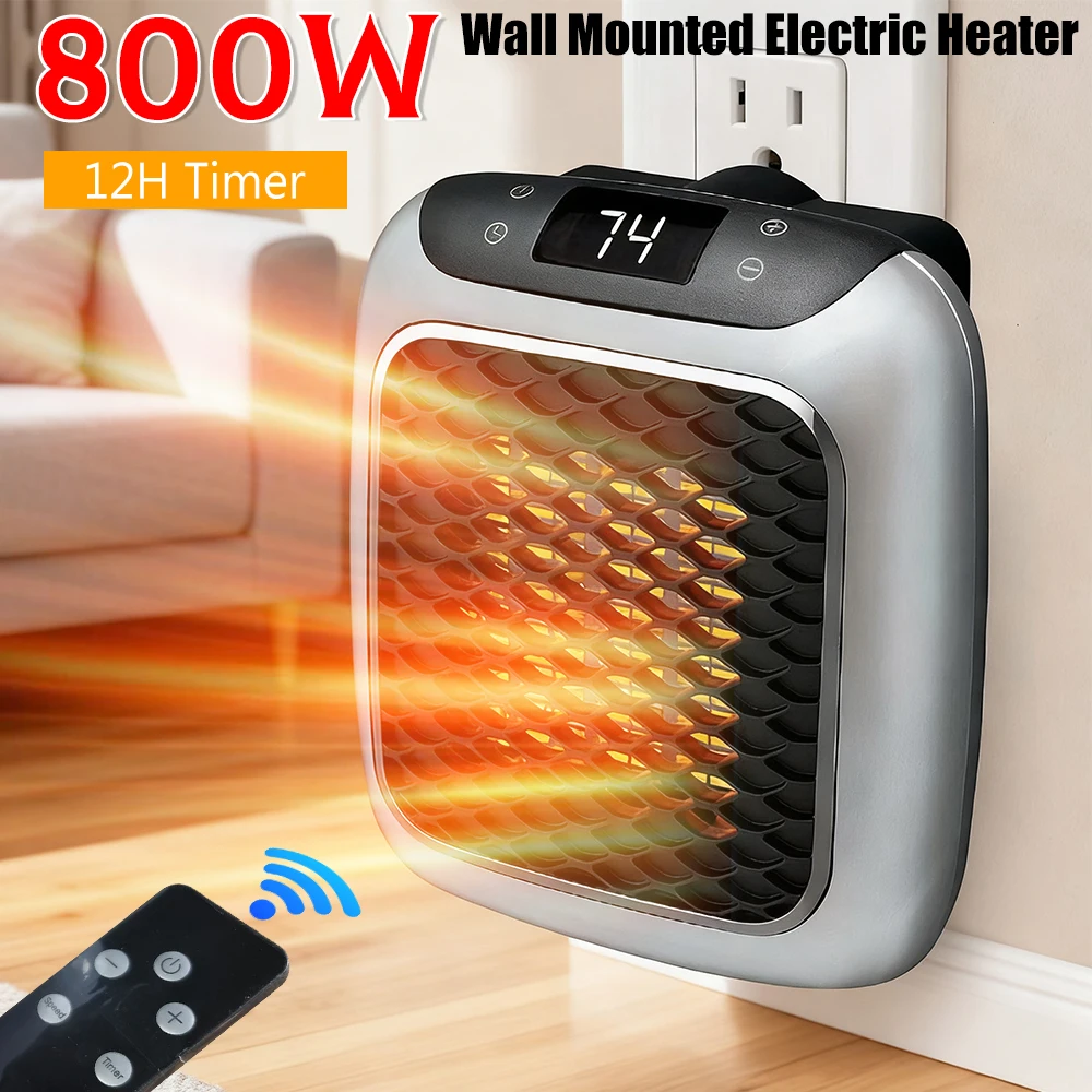 Tragbare elektrische Heizung, Wandsteckdose, kleine Raumheizung mit einstellbarem Thermostat, programmierbarer 12-Stunden-Timer, automatische Abschaltung ﻿ Image