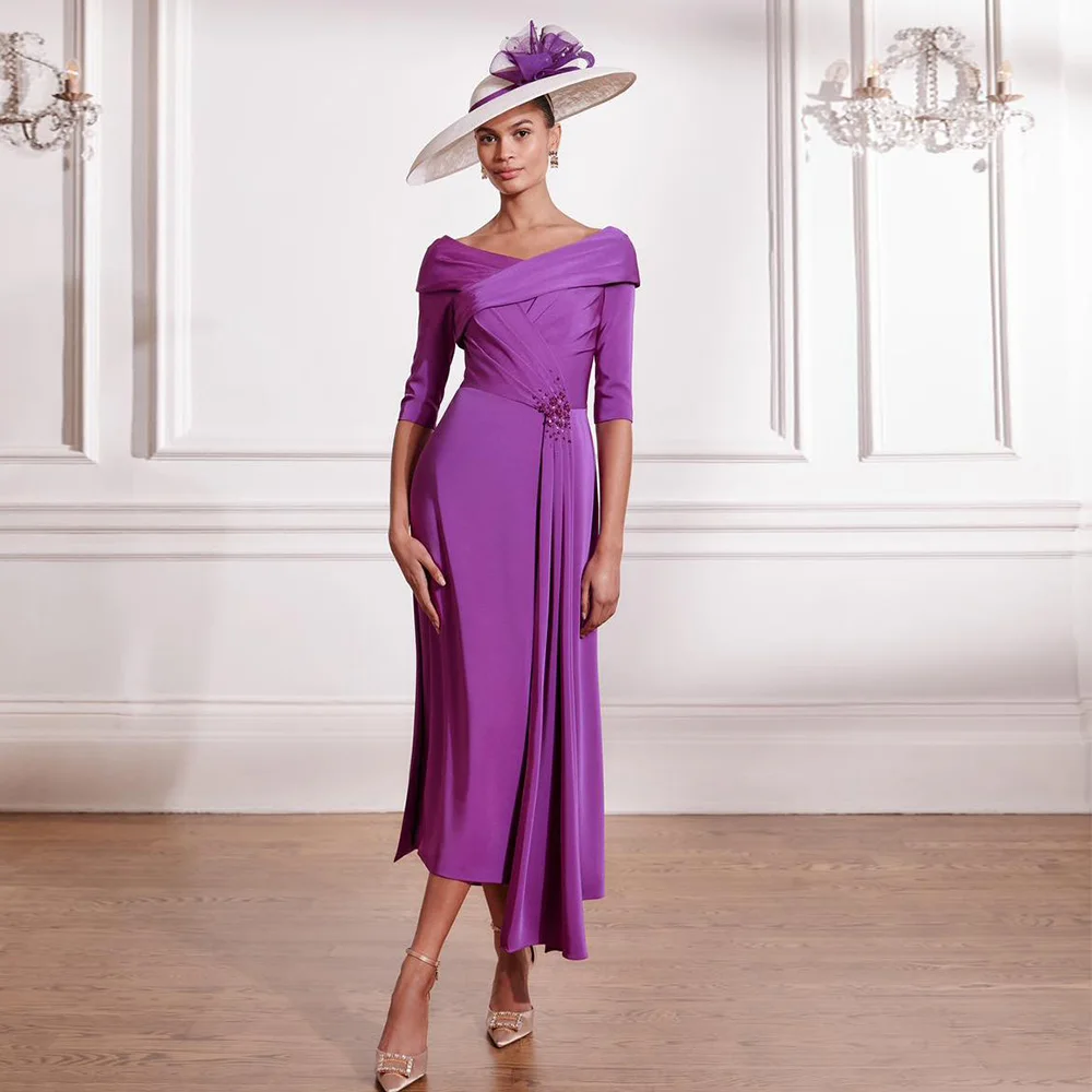 Spalte Hochzeitsgastkleider für Frauen, Midi-Kleid mit V-Ausschnitt, Perlenstickerei, elegantes Kleid für die Brautmutter, Teelänge, 3/4-Ärmel, Partykleider Image
