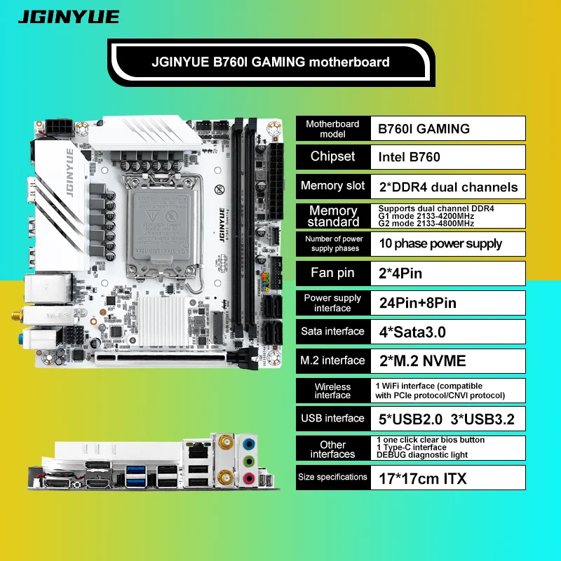 JGINYUE B760i Motherboard LGA 1700 unterstützt Intel Core 12. 13. DDR4 3200 MHz RAM Neuestes Mini-ITX B760i-GAMING Image