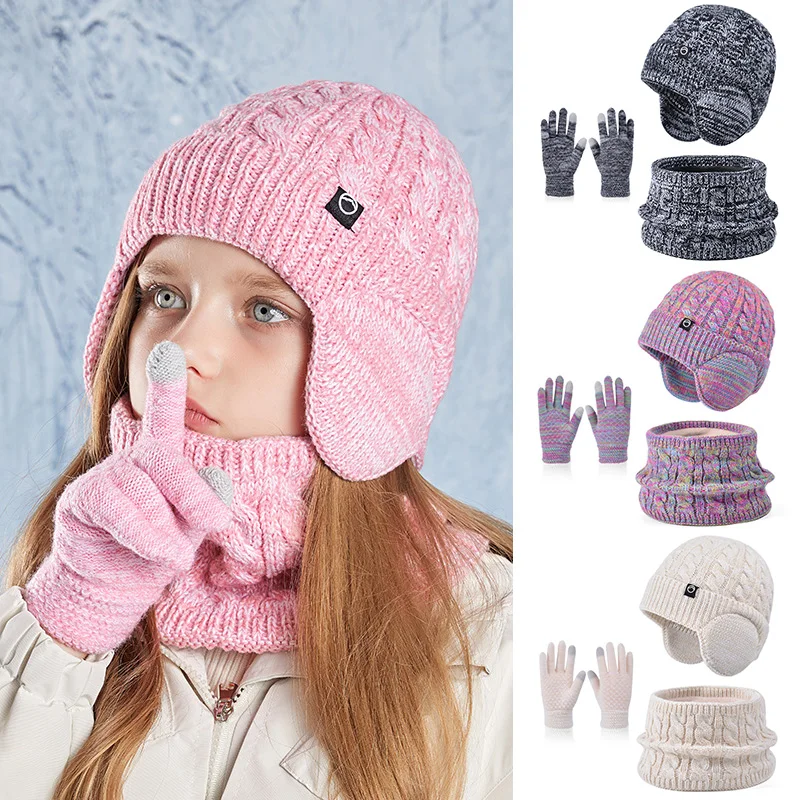 3 Teile/satz Winter Hut für Jungen Mädchen Einfache Ohr Schutz Hüte Kinder Stricken Schal Handschuhe Outdoor Wärmer Zubehör 4-10Y Image