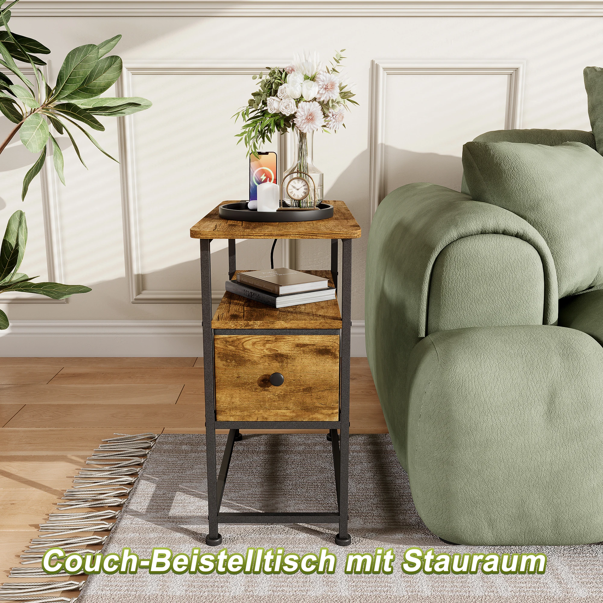 Comanlai Einfacher Sofa-Beistelltisch mit Schublade Wohnzimmer-Beistelltisch Schlafzimmer-Nachttisch mit 2 AC-Steckdosen und 2 USB-Anschlüssen
