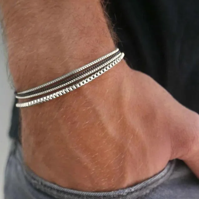 4 Stück Herren-Armbänder aus Edelstahl, Stapel-Armband-Sets – zierliche 14 Karat vergoldete Box-Kettenarmbänder für Männer, Schmuck, Geschenke Image