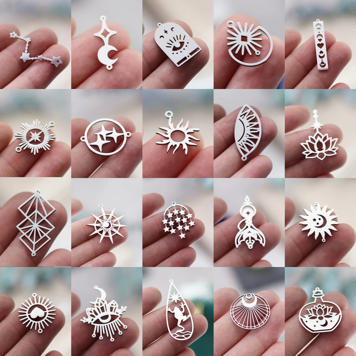 3 Stück klassische Stahlfarbe Gothic Sonne DIY Charms Quasten Stern Mond Lotus Ohrringe Halskette Schmuckherstellung Amulett Auge Vogel Anhänger