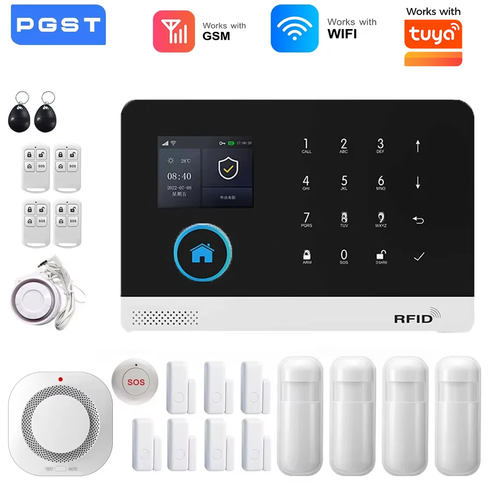 Smart Home WiFi GSM Alarmanlage für Haus mit Bewegungsmelder, drahtlose Sirene, Nachtsicht-IP-Kamera, kompatibel mit Tuya, unterstützt Alexa