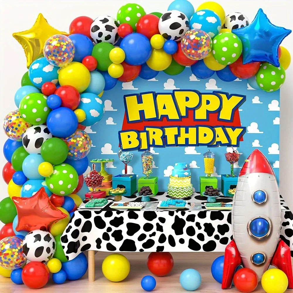 136-teiliges Ballonbogen-Set für Jungen-Geburtstag, Dekoration mit Wolken- und Kuh-Motiv, Geburtstagsparty-Zubehör Image