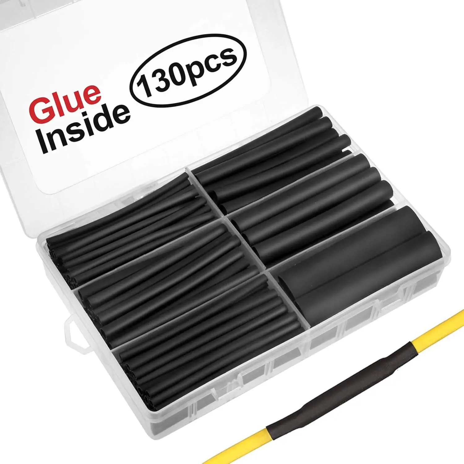 130 Stück 3:1 doppelwandiges, selbstklebendes Schrumpfschlauch-Set, 6 Größen (Durchmesser): 1/2, 3/8, 1/4, 3/16, 1/8, 3/32 Zoll, Premium-Drahtkabel Image