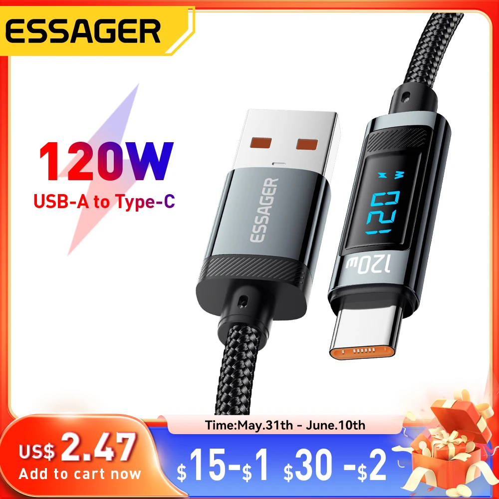 Essager 120 W USB Typ C Kabel Schnelle Lade USB C Ladegerät Kabel Für Für iPhone 15 14 13 12 Huawei mit Led Digital Display Kabel Image