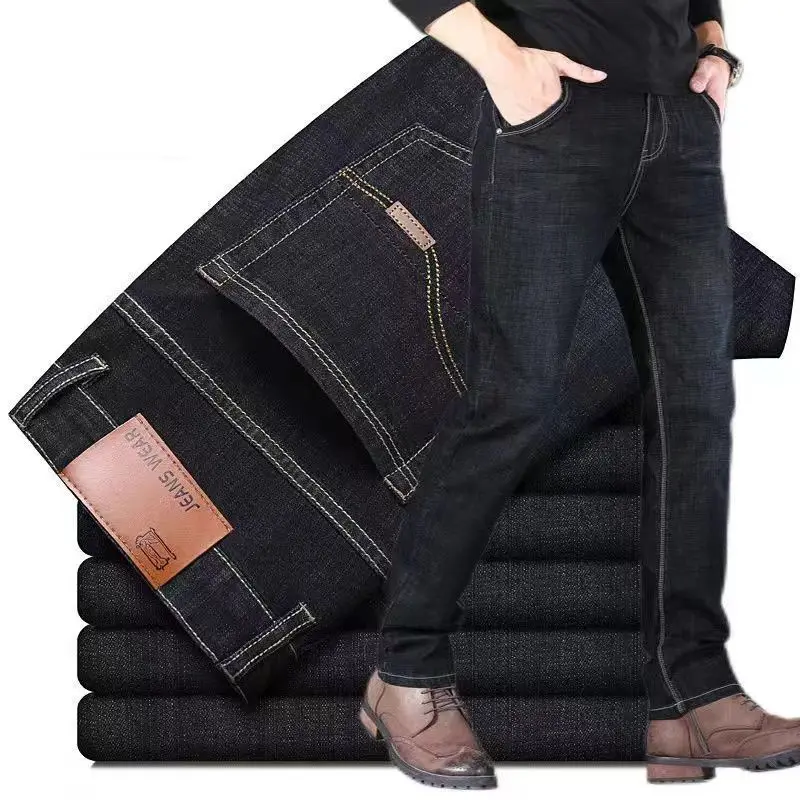 2025, neue Business-Herrenjeans, lässig, bequem, gerade, Stretch, modisch, klassisch, Premium-Blau, Schwarz, Denim-Hose, große Hose