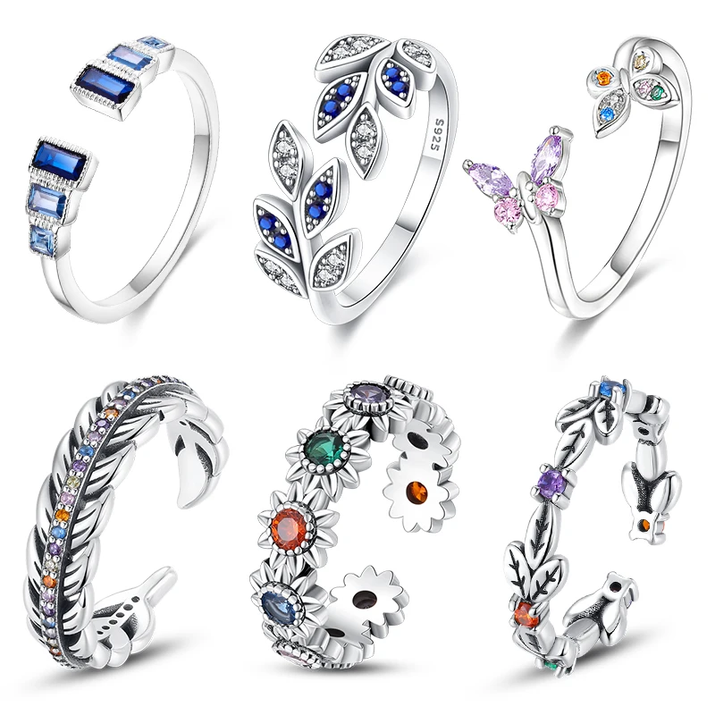Heißer Verkauf Mode 925 Silber Farbe Ringe Blau Zirkon Schmetterling Blatt Blume Unregelmäßigkeit Split Ringe Für Frau Edlen Schmuck Geschenke