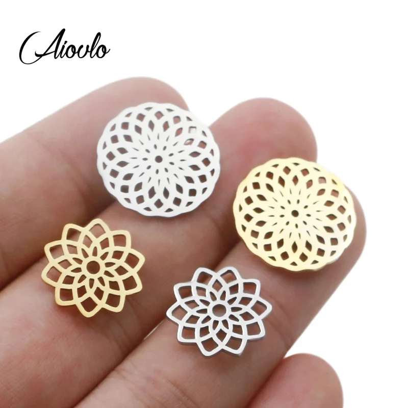 Aiovlo 5 teile/los Edelstahl Yoga Lotus Chakra Charme Gold Runde Tag Hohle Lotus Blume Anhänger Armband & Halskette Handwerk