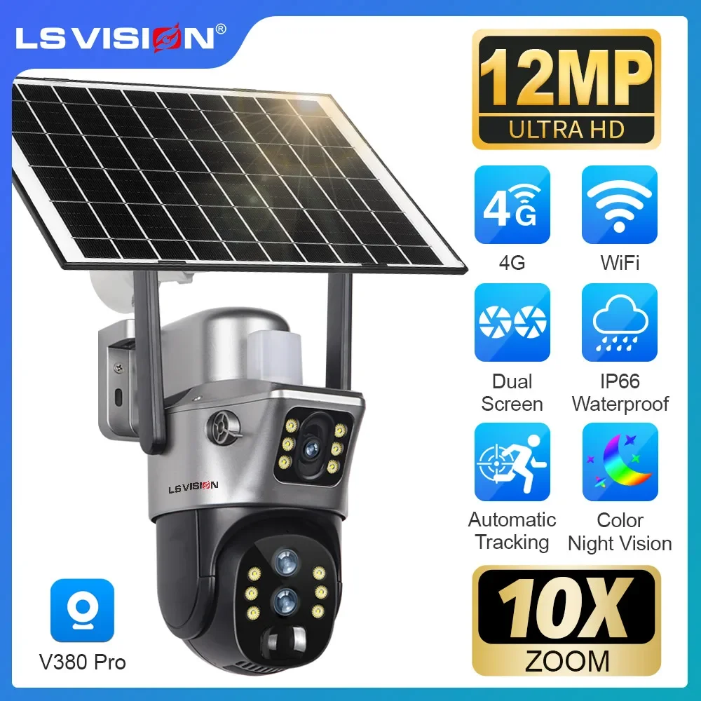 LS VISION 12MP 4G/WiFi Dual Screen Solar Kamera Outdoor 10X Zoom 6K Drei Objektiv Menschliches auto Tracking Überwachung Kamera V380 Pro Image