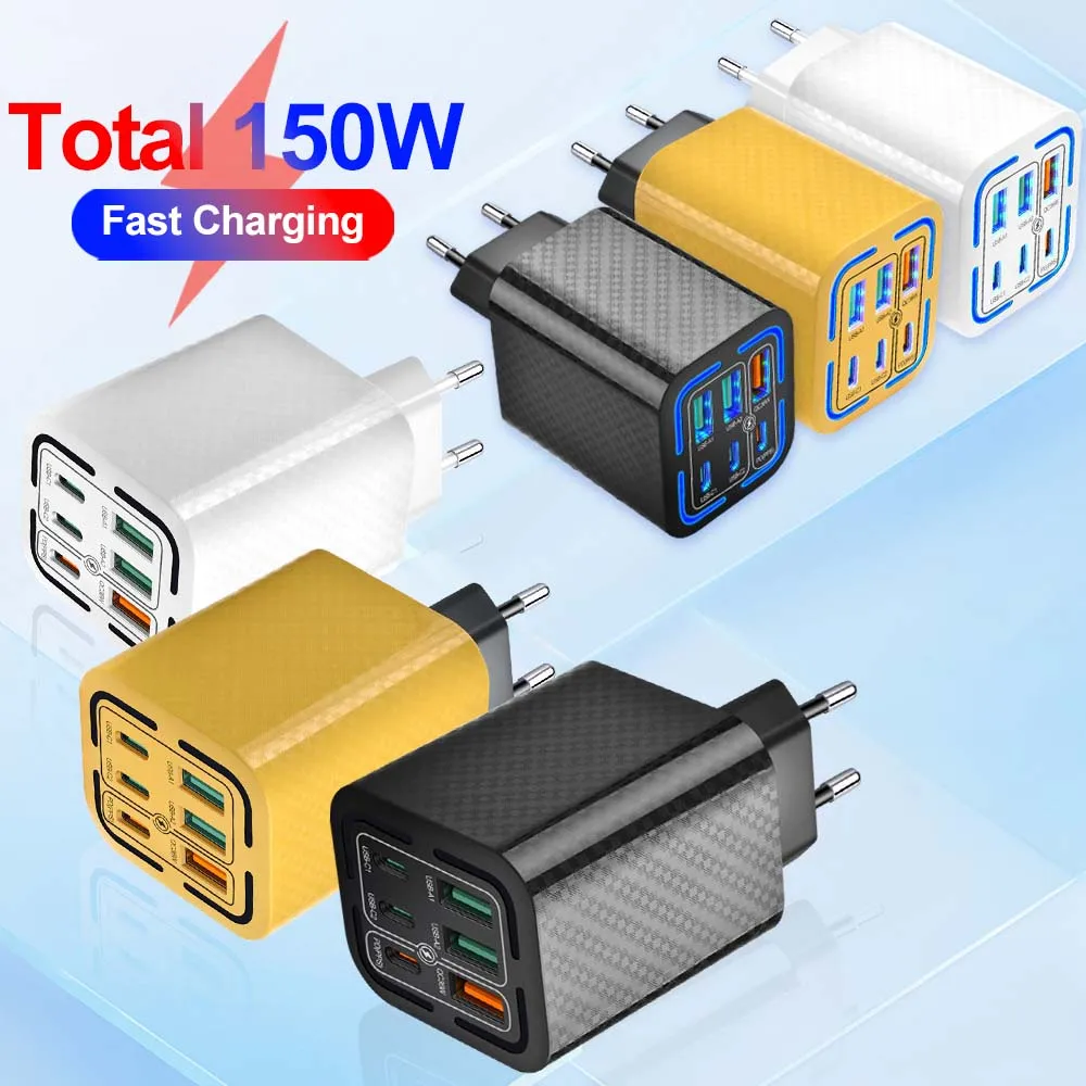 Insgesamt 150 W USB-Ladegerät 6 Ports Typ C Schnellladung Handy-Wandadapter EU/US-Stecker für iPhone 15 Samsung Xiaomi Huawei Image