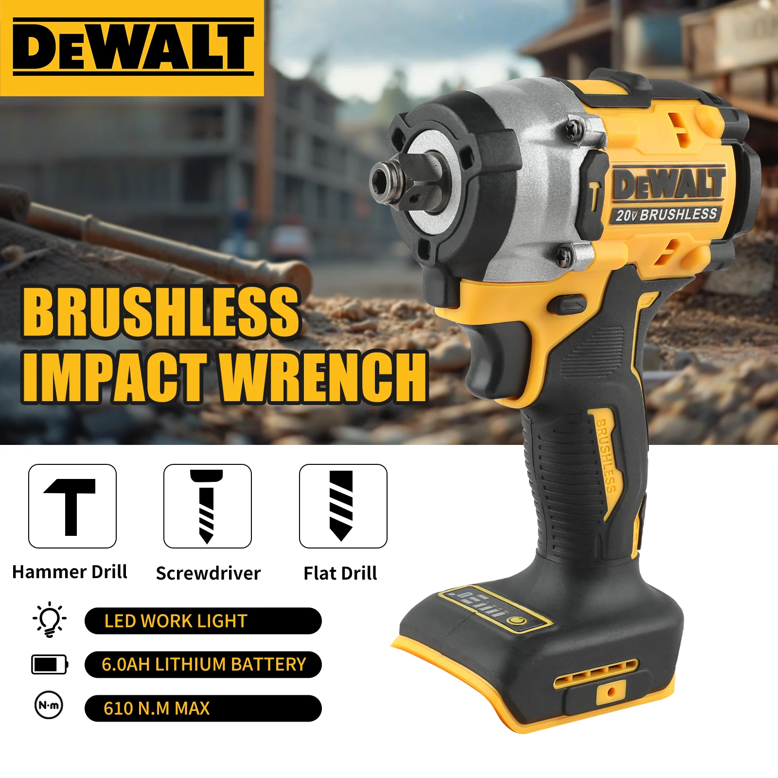 DEWALT DCF921 Atomic 20 V maximaler Akku-Schraubenschlüssel, 1/2 Zoll Akku-Schlagschrauber, Ladeschlüssel mit variabler Geschwindigkeit, ohne Teig Image