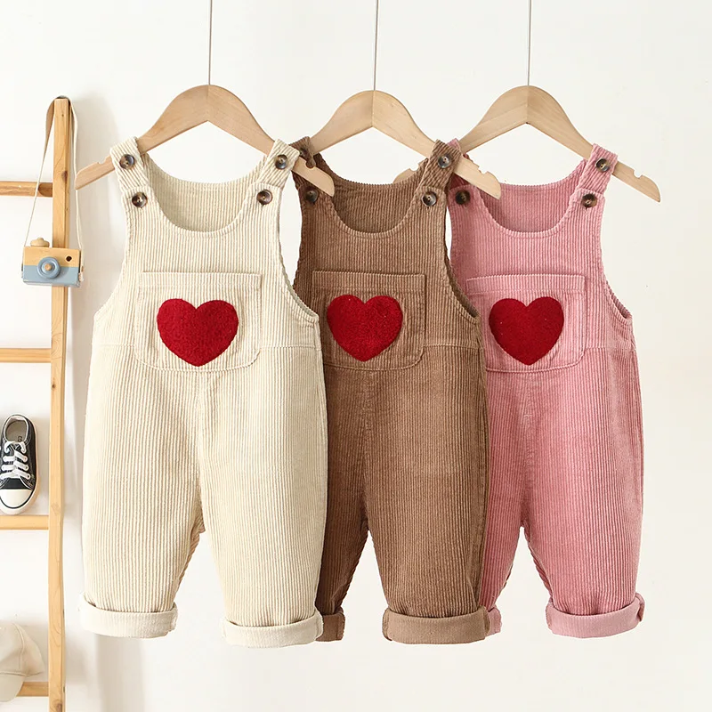 1-4Y Frühling Kinder Baby Kleidung Herz Stickerei Baby Jungen Mädchen Trägerhose Solide Overalls Cord Casual Hosenträger Outwear Image