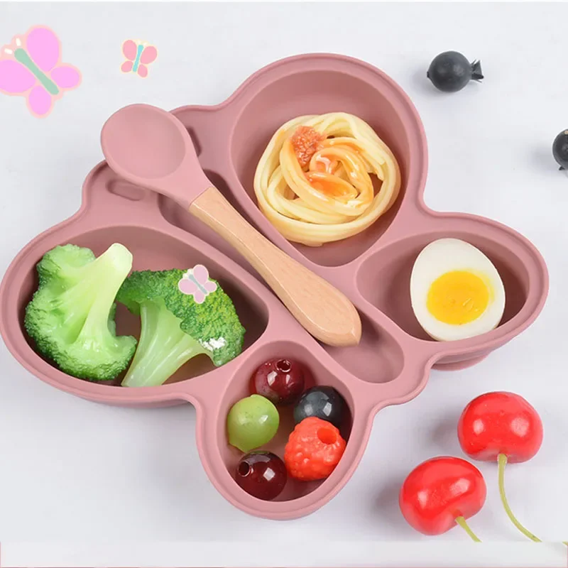 2 stücke Baby Schmetterling Silikon Teller Sauger Schüssel Unterteilt Abschnitt Traininig Selbst-fütterung Löffel Nicht-Slip Kind Geschirr set Image