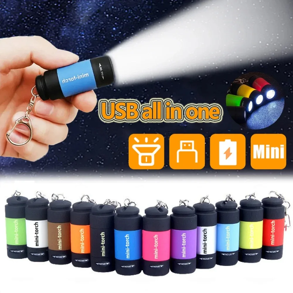 USB wiederaufladbare LED-Taschen-Schlüsselanhänger-Taschenlampe, multifunktional, starkes Licht, wasserdicht, für Outdoor-Wandern, Camping, Mini Image