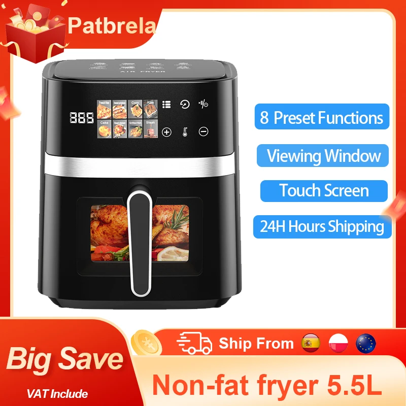 Patbrela 5,5 l Luftfritteuse, 8-in-1-Elektro-Heißofen mit digitalem LED-Bildschirm, sichtbares Fenster, max. 200 ° C 1350W Neue schwarze Fritteuse ohne Fett Image
