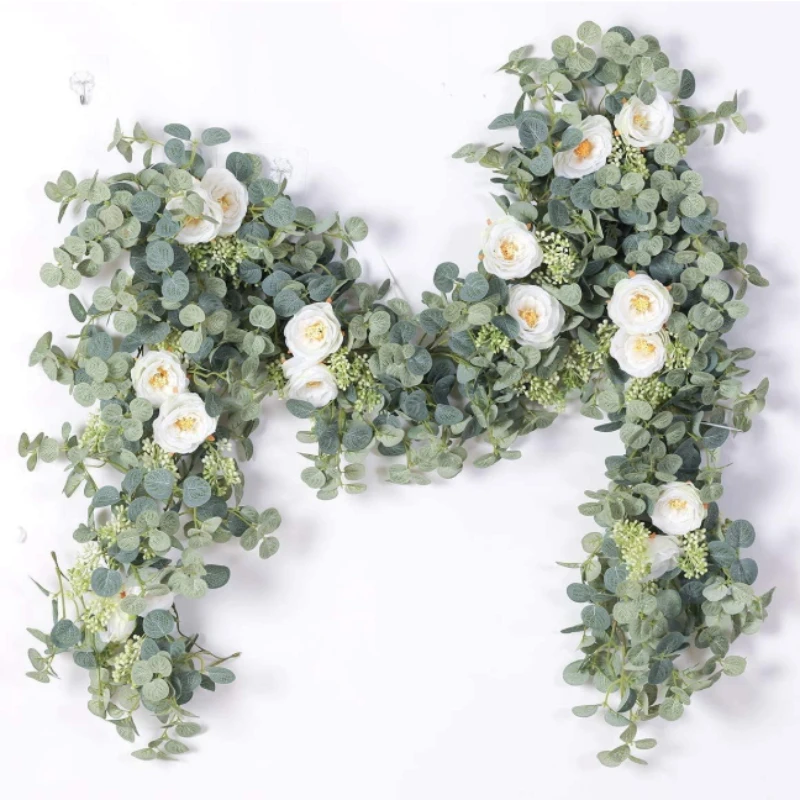 180 cm künstliche Eukalyptus-Girlande mit weißen Blumen für Zuhause, Festival, Wandbehang, Garten, Hochzeit, Hintergrund, Bogen, Party-Dekoration Image