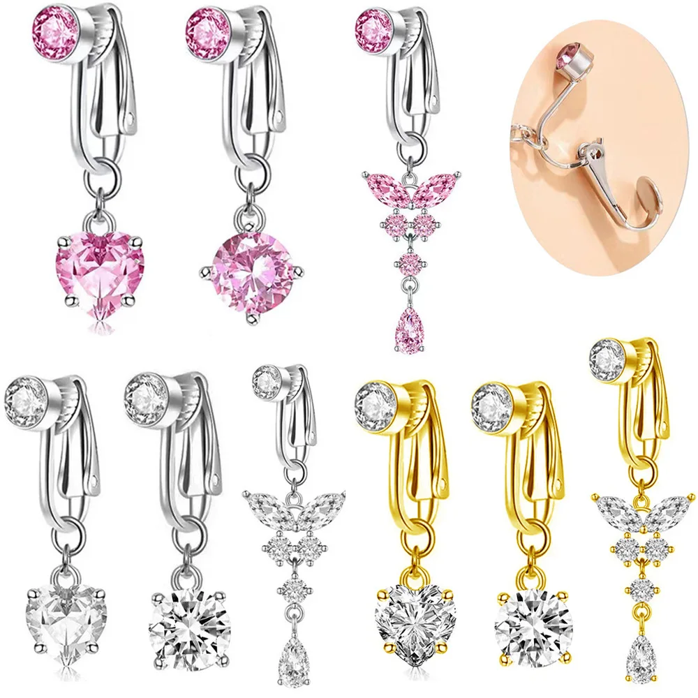 Faux Fake Bauch Piercing Schmetterling Herz baumelnd lange gefälschte Bauchnabel Piercing Clip auf Nabelschnur Nabel Knorpel Ohrring Clip Image