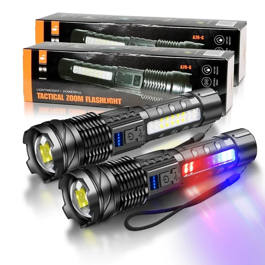 Wiederaufladbare LED-Taschenlampe, zoombare Taschenlampe mit COB-Seiten-LED, 7 Modi, wasserdicht, Hochleistungs-Handlicht, Outdoor, Wildnis, Camping Image