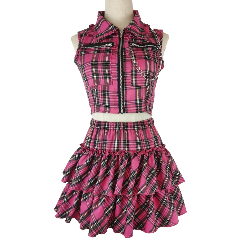 Frauen Rosa Sexy Punk Gothic Zipper Ärmellose Anzug Süße Persönlichkeit Kette Ärmelloses Kurzes T-shirt Streetwear Plaid Röcke