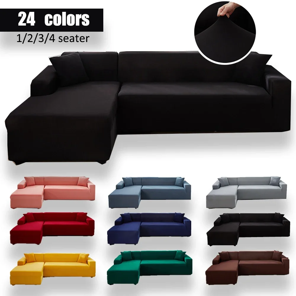 Schwarzer Einfarbiger Elastischer Ecksofa-Bezug für Wohnzimmer 2 3 4 Sitzer Chaiselongue Sofa Dekorativer L-förmiger Schutzbezug
