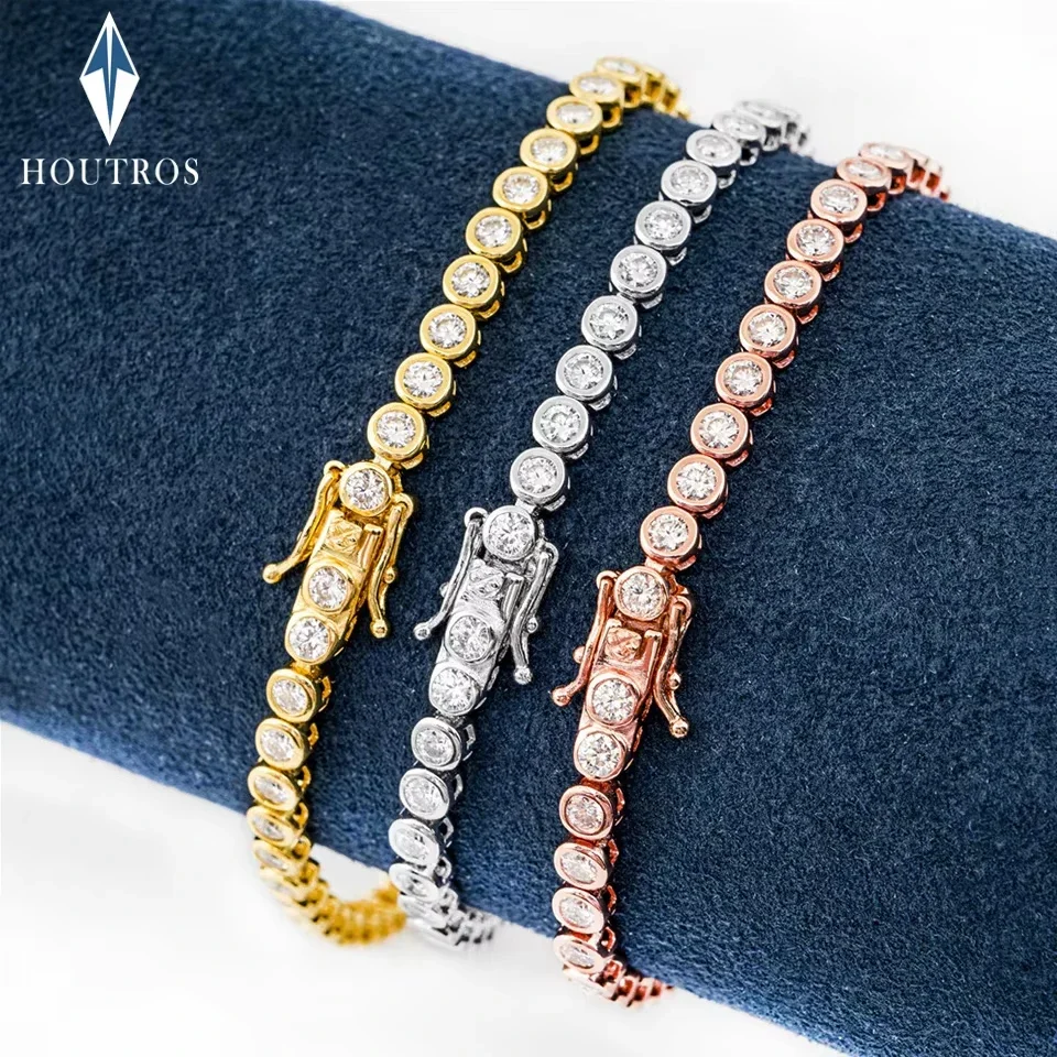 2 mm Moissanit-Tennisarmband für Damen und Herren, 925er Sterlingsilber vergoldet, 18 Karat Gold, Hip-Hop-Kette, runde Blasendiamant-Armbänder