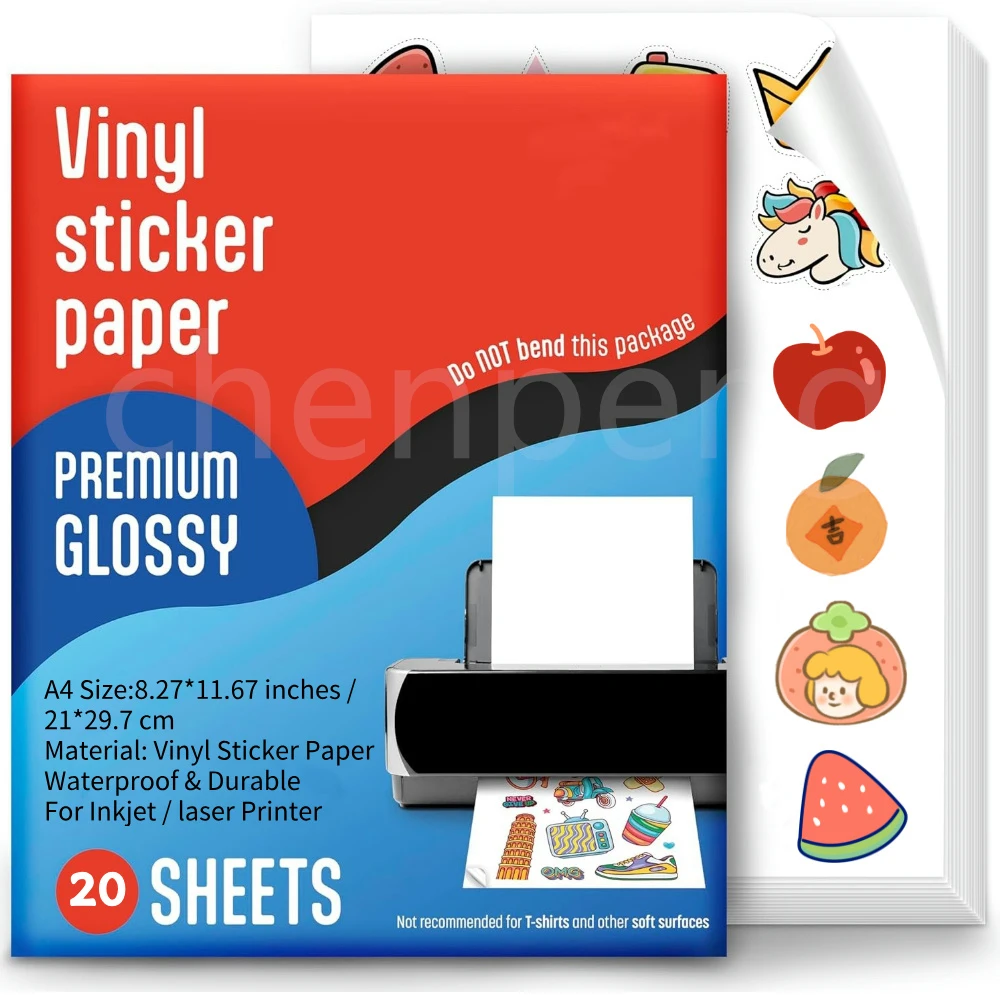 20 Blatt bedruckbares Vinyl-Aufkleberpapier im A4-Format, glänzend weiß, wasserfest, selbstklebendes Papier, transparentes Druckpapier für Tintenstrahldrucker Image