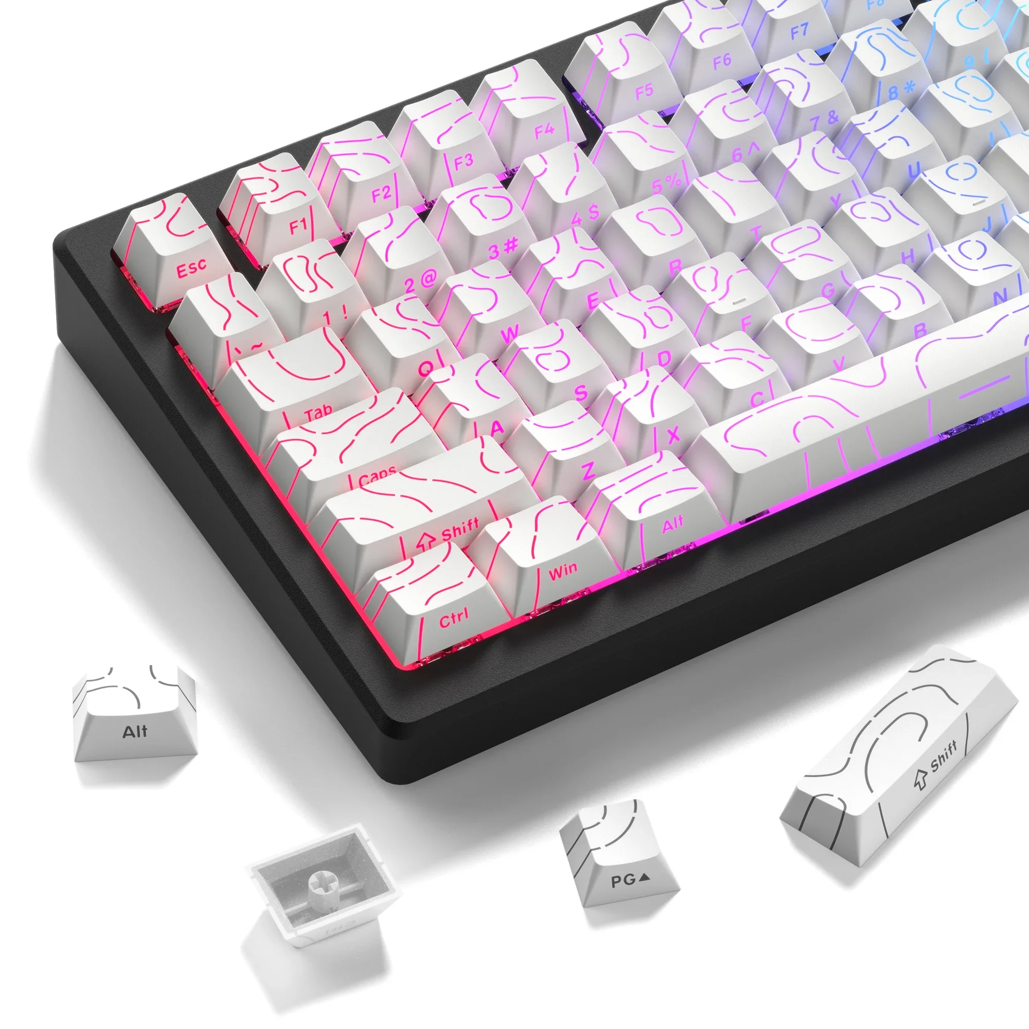 98-Tasten-Tastenkappen, weiß, topografisch, 4,0 PBT, Double Shot Side Print, glänzen durch mechanische MX Gamer-Tastatur mit Hintergrundbeleuchtung Image