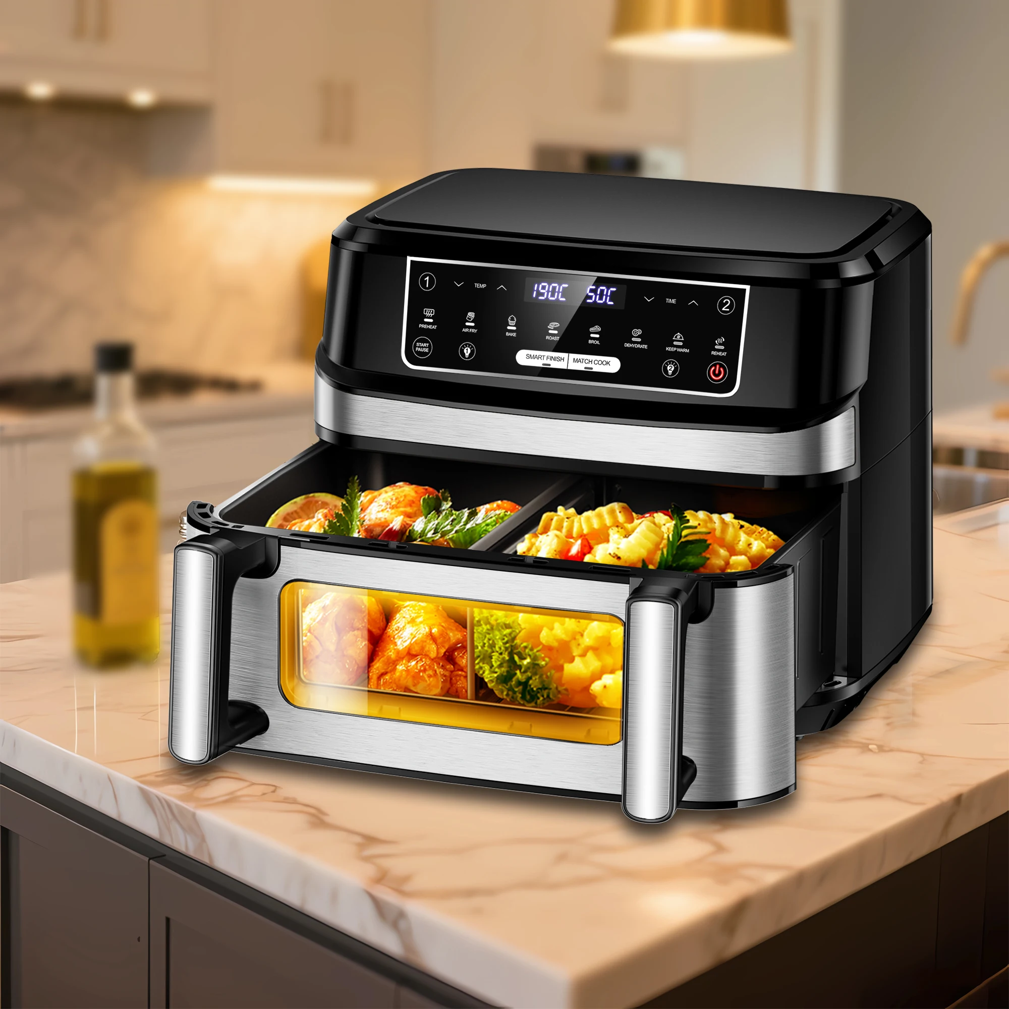 12-Liter-Heißluftfritteuse, ein- oder Doppelkammer, verstellbar, XXL-Airfryer mit 8 voreingestellten Programmen, mit Sichtfenster, Rezept im Lieferumfang enthalten Image