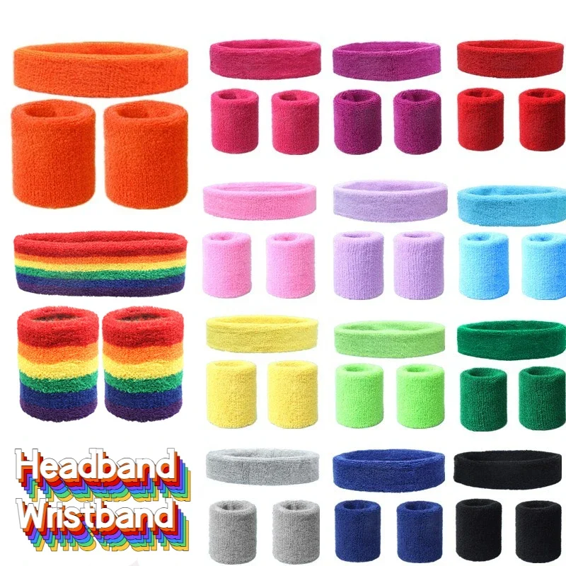 Mode Sport Stirnband und Armband Handtuch Set Schweißband Baumwolle Handgelenk Band Armschienen für Frauen Männer Radfahren Gym Basketball Tennis Image